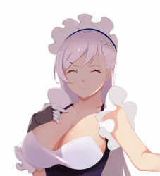Rule 34 | 1girl, ^ ^, azur lane, belfast (azur lane), braid, breasts, cleavage, closed eyes, closed eyes, french braid, hand on own chest, large breasts, light purple hair, long hair, maid, maid headdress, smile, solo, toki to shishin, upper body