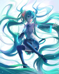 Rule 34 | 1girl, absurdly long hair, black skirt, black thighhighs, detached sleeves, floating hair, green eyes, green hair, green necktie, hair ornament, hatsune miku, highres, long hair, looking away, necktie, outstretched arms, parted lips, pleated skirt, shirt, skirt, sleeveless, sleeveless shirt, solo, thighhighs, very long hair, vocaloid, white shirt, yuket