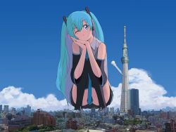 Rule 34 | 1girl, aqua eyes, aqua hair, black skirt, black thighhighs, blue sky, boots, censored, city, cityscape, cloud, collared shirt, convenient censoring, day, detached sleeves, eyebrows, full body, giant, giantess, guitar, guitar (guitars), hatsune miku, head tilt, headphones, highres, huge giantess, instrument, long hair, miniskirt, necktie, one eye closed, own hands together, pleated skirt, real world location, scenery, shirt, short sleeves, skirt, sky, smile, solo, squatting, striped clothes, striped skirt, sumida (tokyo), thigh boots, thighhighs, time machine (vocaloid), tokyo (city), tokyo skytree, tower, twintails, very long hair, vocaloid, wallpaper, wide sleeves, wink