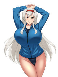 Rule 34 | 1girl, breasts, cameltoe, cleft of venus, competition swimsuit, huge breasts, jacket, kantai collection, kawanuma uotsuri, long hair, one-piece swimsuit, shoukaku (kancolle), solo, swimsuit, white hair