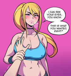 Rule 34 | 1girl, blonde hair, blue eyes, blush, grabbing another&#039;s breast, breasts, collarbone, english text, grabbing, guided breast grab, guiding hand, hair between eyes, highres, jam-orbital, large breasts, metroid, midriff, mole, mole under mouth, navel, nintendo, pink background, ponytail, pov, pov hands, samus aran, simple background, solo, speech bubble, sports bra, sweat, sweatdrop, swept bangs, wristband