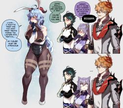 Rule 34 | ..., 2boys, 2girls, adapted costume, ahoge, alternate body size, alternate breast size, anger vein, animal ears, arms at sides, bare shoulders, blood, blue hair, blush, breasts, cleavage, cone hair bun, constricted pupils, curvy, english text, ganyu (genshin impact), genshin impact, goat horns, gold trim, green hair, hair between eyes, hair bun, highres, horns, huge breasts, keqing (genshin impact), leotard, long hair, low ponytail, mask, mask on head, muffin top, multicolored hair, multiple boys, multiple girls, navel, nontraditional playboy bunny, nosebleed, nyantcha, orange hair, pervert, plump, purple hair, short hair, smile, solo, tartaglia (genshin impact), thick thighs, thighs, twintails, weight conscious, wide-eyed, xiao (genshin impact), yellow eyes