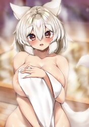 Rule 34 | 1girl, :o, animal ear fluff, animal ears, areola slip, blush, breasts, collarbone, covering privates, covering breasts, cowboy shot, fang, highres, holding, holding towel, huge breasts, inubashiri momiji, looking at viewer, onomiya, onsen, open mouth, red eyes, short hair, skin fang, solo, steam, tail, textless version, touhou, towel, white hair, wolf ears, wolf girl, wolf tail