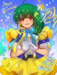 Rule 34 | 1girl, blue bow, blue jacket, blush, bow, clenched hand, cowlick, earrings, fang, flat chest, gloves, green hair, happy birthday, head tilt, idol, jacket, jewelry, kimidori (kimidoriri), looking at viewer, macross, macross frontier, oosanshouuo-san, own hands together, ranka lee, red eyes, short hair, skirt, smile, solo, star (symbol), star earrings, upper body, white gloves, yellow skirt