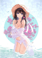 Rule 34 | 1girl, bare shoulders, bikini, black hair, breasts, brown hat, cleavage, collarbone, flower, hat, highres, large breasts, legs together, long hair, long sleeves, off shoulder, open clothes, original, purple eyes, red flower, sanbasou, see-through, solo, standing, straw hat, swimsuit, wading, water, white bikini