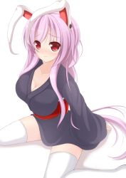 Rule 34 | 1girl, alternate costume, animal ears, bad id, bad pixiv id, breasts, rabbit ears, chimunge, cleavage, female focus, highres, japanese clothes, kimono, large breasts, light purple hair, long hair, red eyes, reisen udongein inaba, sitting, solo, thighhighs, touhou, very long hair, wariza