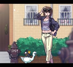 Rule 34 | 1girl, alternate costume, bell, belt, bird, black eyes, blurry, breasts, brown hair, capri pants, cat, cleavage, depth of field, duck, eyewear on head, hair bell, hair ornament, hand on own hip, hibiki ryouga, jacket, letterboxed, lipstick, makeup, medium breasts, midriff, mousse (duck) (ranma 1/2), mousse (ranma 1/2), navel, open clothes, open jacket, outdoors, p-chan, pants, parted lips, pig, ranma 1/2, red lips, shampoo (ranma 1/2), shirt, short hair, sleeves rolled up, solo focus, striped clothes, striped shirt, sunglasses, tendou nabiki, wanta (futoshi), window