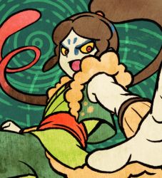 Rule 34 | 10s, 1boy, brown hair, chill ykon, colored sclera, green background, japanese clothes, long hair, male focus, oogama (youkai watch), open mouth, orange eyes, ponytail, solo, yellow sclera, traditional youkai, youkai watch
