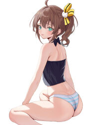 Rule 34 | 1girl, :p, ahoge, ass, bare legs, bare shoulders, bow, brown hair, cat hair ornament, crop top, from behind, green eyes, hair between eyes, hair ornament, hair ribbon, halterneck, highres, hololive, looking at viewer, looking back, medium hair, natsuiro matsuri, one side up, oniku (o29sukizero), panties, ribbon, side ponytail, simple background, solo, striped clothes, striped panties, tongue, tongue out, underwear, virtual youtuber, wedgie, white background