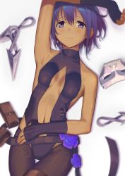 Rule 34 | 1girl, armpits, bare shoulders, black gloves, breasts, dark-skinned female, dark skin, fate/grand order, fate/prototype, fate/prototype: fragments of blue and silver, fate (series), fingerless gloves, gloves, hassan of serenity (fate), looking at viewer, mask, medium breasts, poligon (046), purple eyes, purple hair, short hair, simple background, smile, solo, unworn mask, white background