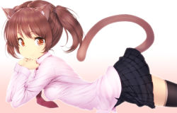 Rule 34 | 1girl, animal ears, black thighhighs, blush, breasts, brown hair, cat ears, cat tail, looking at viewer, medium breasts, necktie, original, red eyes, short hair, skirt, smile, solo, tail, tail raised, thighhighs, zettai ryouiki, zizi (zz22)