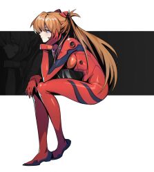 Rule 34 | 1girl, arm support, artist request, ass, blue eyes, bodysuit, breasts, brown hair, expressionless, full body, hair ornament, highres, interface headset, invisible chair, long hair, looking away, medium breasts, neon genesis evangelion, plugsuit, red bodysuit, simple background, sitting, solo, souryuu asuka langley, wide hips, zoom layer