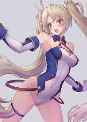 Rule 34 | 1girl, armpits, bare shoulders, blonde hair, blue eyes, blush, bradamante (fate), bradamante (first ascension) (fate), braid, breasts, cleavage, covered navel, crown braid, elbow gloves, fate/grand order, fate (series), french braid, gloves, groin, hands up, leotard, long hair, looking at viewer, medium breasts, open mouth, oukawa yuu, sidelocks, simple background, solo, thigh strap, thighs, twintails, very long hair