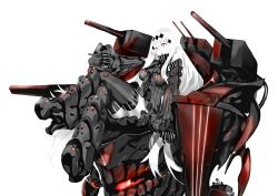 Rule 34 | 10s, 1girl, abyssal ship, aircraft carrier water oni, armor, armored boots, bare shoulders, black dress, bluekalmia, boots, breasts, colored skin, detached sleeves, dress, frilled sleeves, frills, hair ornament, high heel boots, high heels, kantai collection, knee boots, large breasts, crossed legs, long hair, machinery, neckerchief, pointing, red eyes, ribbed dress, sailor collar, sailor dress, short dress, sitting, solo, thighhighs, very long hair, white hair, white skin, zettai ryouiki