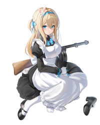 Rule 34 | 1girl, absurdres, alternate costume, animal ears, apron, b grade, black footwear, blonde hair, blue bow, blue bowtie, blue eyes, blue hairband, blush, bow, bowtie, breasts, closed mouth, drum magazine, enmaided, frilled apron, frills, girls&#039; frontline, gloves, gun, hair between eyes, hair bobbles, hair ornament, hair ribbon, hairband, high-capacity magazine, highres, large breasts, light blue ribbon, long hair, long sleeves, magazine (weapon), maid, maid apron, own hands together, rabbit ears, ribbon, shoes, unworn shoes, simple background, snowflake hair ornament, socks, solo, submachine gun, suomi (girls&#039; frontline), suomi kp/-31, weapon, white apron, white background, white gloves, white socks
