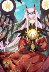 Rule 34 | 10s, 1girl, animal ears, claws, closed mouth, commentary request, darling in the franxx, dress, closed eyes, eyeshadow, holding, hong (white spider), horns, long hair, long sleeves, makeup, monsterification, pink hair, red dress, signature, smile, solo, thorns, very long hair, wings, zero two (darling in the franxx)