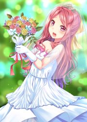 Rule 34 | 10s, 1girl, :d, alternate costume, alternate hairstyle, blurry, blush, bouquet, bow, bridal gauntlets, bridal veil, crying, crying with eyes open, depth of field, dress, flower, gurande (g-size), hair bow, head tilt, highres, holding, holding bouquet, kamikaze (kancolle), kantai collection, long hair, open mouth, pink eyes, red bow, smile, solo, tears, veil, wavy hair, wedding dress, white dress