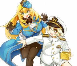 Rule 34 | &gt;:d, 10s, 1boy, 1girl, :d, admiral (kancolle), akaneyu akiiro, atago (kancolle), beans, black gloves, blonde hair, blush, breasts, drooling, gloves, green eyes, hat, kantai collection, large breasts, little boy admiral (kancolle), long hair, mamemaki, mask, military, military uniform, oni mask, open mouth, pantyhose, setsubun, short hair, smile, uniform, v-shaped eyebrows