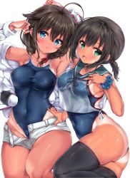 Rule 34 | ahoge, black hair, black thighhighs, blue eyes, blue one-piece swimsuit, blue sailor collar, braid, breasts, commentary request, competition school swimsuit, fubuki (kancolle), green eyes, hair flaps, hair over shoulder, highleg, highleg swimsuit, highres, jacket, kantai collection, low ponytail, medium breasts, nijimoto hirok, one-piece swimsuit, one-piece tan, open clothes, open fly, open jacket, ponytail, sailor collar, school swimsuit, shigure (kancolle), shigure kai ni (kancolle), shirt, short ponytail, short shorts, shorts, side-tie shirt, sidelocks, single braid, sleeveless, sleeveless shirt, swimsuit, swimsuit under clothes, tan, tanline, thighhighs, white background, white jacket, white shorts