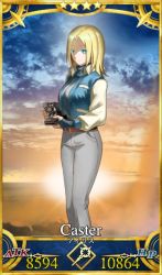 Rule 34 | 1girl, bad id, bad twitter id, blonde hair, blue eyes, camera, card (medium), card parody, cloud, cloudy sky, craft essence (fate), crossover, fate/grand order, fate (series), hirunagi, long hair, looking at viewer, photo (object), scp-105, scp foundation, sky, smile, star (symbol), sun