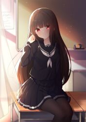 Rule 34 | 1girl, black pantyhose, black sailor collar, black serafuku, black shirt, black skirt, blush, braid, brown hair, chalkboard, check commentary, closed mouth, commentary request, commission, curtains, desk, feet out of frame, hand up, highres, long hair, long sleeves, looking at viewer, neckerchief, on desk, original, pantyhose, pixiv commission, pleated skirt, red eyes, sailor collar, school desk, school uniform, serafuku, shirt, single braid, sitting, on desk, skirt, smile, solo, taiyaki (astre), transparent, very long hair, white neckerchief