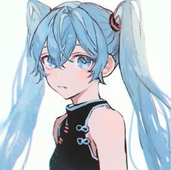 Rule 34 | 1girl, aqua eyes, aqua hair, bare shoulders, black shirt, commentary, hair tie, hatsune miku, long hair, looking at viewer, makoto (roketto-massyumaro), parted lips, shirt, sleeveless, sleeveless shirt, solo, twintails, twintails day, upper body, very long hair, vocaloid