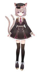 Rule 34 | 1girl, absurdres, ahoge, animal ears, ankle boots, arms at sides, boots, brown hair, cat ears, cat girl, cat tail, closed mouth, dress, fold-over boots, full body, hat, hetero, highres, hikimayu, indie virtual youtuber, looking at viewer, multicolored hair, multiple tails, necktie, nekomiya ayume, pink hair, purple eyes, purple hair, red eyes, red necktie, second-party source, shirt, short hair, simple background, solo, standing, tail, thick eyebrows, thighhighs, toufu mentaru zabuton, virtual youtuber, white background, white shirt