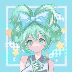 Rule 34 | 1girl, blue background, blue bow, bow, cinnamiku, closed mouth, detached sleeves, dot nose, folded twintails, green eyes, green hair, green necktie, grey shirt, hatsune miku, highres, inset border, looking ahead, necktie, ranico, shirt, smile, solo, star (symbol), twitter username, upper body, vocaloid