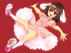 Rule 34 | 1girl, animal ears, brown hair, dress, female focus, full body, inaba tewi, jewelry, kotomuke fuurin, open mouth, outstretched arms, panties, pantyshot, pendant, pink panties, rabbit ears, red background, red eyes, shoes, side-tie panties, simple background, skirt, sneakers, socks, solo, spread arms, touhou, underwear, unfinished, upskirt, white socks