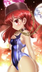 Rule 34 | 1girl, blue one-piece swimsuit, breasts, chain, collar, competition swimsuit, cowboy shot, earth (ornament), earth (planet), hecatia lapislazuli, moon (ornament), one-piece swimsuit, planet, profile, red eyes, red hair, small breasts, solo, swimsuit, touhou, winn