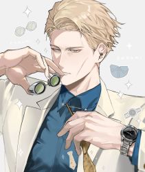Rule 34 | 1boy, animal print, blonde hair, blue shirt, brown eyes, character name, collared shirt, commentary, english commentary, formal, goggles, grey suit, highres, holding, holding goggles, holding necktie, jujutsu kaisen, long sleeves, looking at viewer, male focus, nanami kento, necktie, parted lips, shirt, short hair, solo, ssss7777 7, suit, upper body, watch