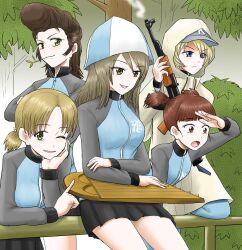 Rule 34 | 5girls, aki (girls und panzer), baseball cap, black skirt, blonde hair, blue eyes, blue headwear, blue jacket, blunt bangs, brown eyes, brown hair, closed mouth, coat, commentary, crossed arms, frown, girls und panzer, green eyes, gun, hair tie, harukai-i, hat, highres, holding, holding gun, holding instrument, holding weapon, hood, hood up, hooded coat, instrument, jacket, kantele, keizoku military uniform, leaning forward, light brown hair, long hair, long sleeves, looking at viewer, looking to the side, low twintails, mika (girls und panzer), mikko (girls und panzer), military uniform, miniskirt, mouth hold, multiple girls, one eye closed, open mouth, pleated skirt, pointing, pompadour, raglan sleeves, red eyes, red hair, rifle, shading eyes, short hair, short twintails, sitting, skirt, smile, stalk in mouth, standing, track jacket, tulip hat, twintails, uniform, weapon, white coat, youko (girls und panzer), yuri (girls und panzer)
