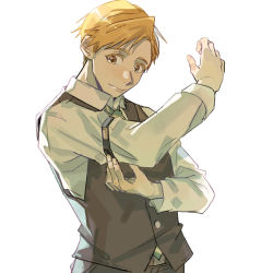 Rule 34 | 1boy, adjusting clothes, alphonse elric, blonde hair, esu (825098897), fingernails, fullmetal alchemist, happy, long sleeves, looking down, male focus, pants, shaded face, shirt, short hair, simple background, smile, upper body, waistcoat, white background, white shirt, yellow eyes