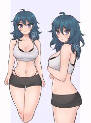 1girl ahoge artist_name ass black_bra black_panties black_shorts blue_eyes blue_hair blush bra breasts byleth_(female)_(fire_emblem) byleth_(fire_emblem) closed_mouth crop_top crossed_legs fire_emblem highleg highleg_panties highres looking_at_viewer luci_(purrlucii) medium_breasts navel nintendo panties shirt short_shorts shorts signature simple_background smile tank_top underbutt underwear white_shirt