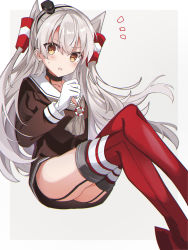 Rule 34 | 1girl, absurdres, amatsukaze (kancolle), black choker, brown dress, choker, dress, fathom, garter straps, gloves, grey background, hair tubes, highres, kantai collection, long hair, looking at viewer, red thighhighs, sailor dress, silver hair, simple background, solo, thighhighs, thighs, translation request, two side up, white gloves, yellow eyes