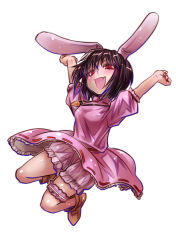 Rule 34 | 1girl, absurdres, animal ears, arms up, blush, breasts, brown footwear, carrot necklace, commentary request, dress, floppy ears, frilled sleeves, frills, full body, hair between eyes, highres, inaba tewi, jewelry, jumping, looking at viewer, necklace, open mouth, pink dress, puffy short sleeves, puffy sleeves, rabbit ears, rabbit girl, red eyes, ribbon-trimmed dress, shoes, short hair, short sleeves, simple background, small breasts, smile, solo, thigh strap, touhou, white background, yuuki hiyayako