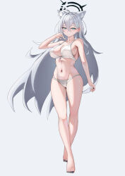 1girl absurdres ahoge alternate_costume animal_ear_fluff animal_ears barefoot bikini black_halo black_nails blue_archive blue_eyes breasts broken_halo closed_mouth collarbone commentary_request cross_hair_ornament fingernails full_body grey_background grey_hair hair_between_eyes hair_ornament halo highres katagirinanoka large_breasts long_hair looking_at_viewer nail_polish navel shiroko_(blue_archive) shiroko_terror_(blue_archive) simple_background smile solo standing stomach swimsuit toenails white_bikini wolf_ears wolf_girl