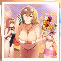 Rule 34 | 3girls, ahoge, anis (nikke), anis (sparkling summer) (nikke), aviator sunglasses, bare shoulders, bikini, bikini skirt, black bow, black choker, black one-piece swimsuit, bow, breasts, brown eyes, brown hair, can, can to cheek, choker, cleavage, cloud, cloudy sky, collarbone, commentary request, competition swimsuit, counters (nikke), covered navel, cowboy shot, drink can, eating, eyepatch bikini, eyewear on head, front-tie bikini top, front-tie top, glasses, goddess of victory: nikke, goggles, goggles on head, grin, groin, hair between eyes, hair bow, highleg, highleg bikini, highleg swimsuit, highres, holding, holding can, holding kickboard, holding skewer, jacket, jewelry, kickboard, large breasts, leaning forward, long hair, looking at viewer, medium breasts, multiple girls, navel, necklace, neon (blue ocean) (nikke), neon (nikke), official alternate costume, one-piece swimsuit, one eye closed, open mouth, pink-tinted eyewear, pink sailor collar, pink skirt, rapi (classic vacation) (nikke), rapi (nikke), red eyes, sailor collar, sawasa, short hair, side-tie bikini bottom, sidelocks, skewer, skirt, sky, smile, soda can, standing, star (symbol), star necklace, starfish, stomach, sunglasses, sunset, swim goggles, swimsuit, teeth, tinted eyewear, two-tone swimsuit, white bikini, white hair, yellow jacket