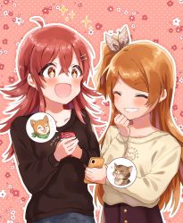 Rule 34 | 2girls, ahoge, beige sweater, black sweater, bow, cat, commentary request, dog, closed eyes, grin, hair bow, hair ornament, hairclip, highres, holding, holding phone, idolmaster, idolmaster million live!, idolmaster shiny colors, komiya kaho, long hair, long sleeves, meno (imas ll), multiple girls, one side up, ogami tamaki, open mouth, orange hair, phone, pink eyes, red hair, smile, sparkling eyes, sweater