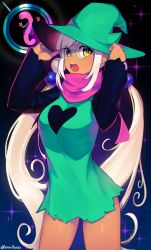 Rule 34 | 1girl, alternate costume, blonde hair, breasts, cosplay, dark-skinned female, dark skin, deltarune, dress, glasses, green dress, hair ornament, hat, highres, holding, holding clothes, holding hat, hololive, hololive english, long hair, looking at viewer, planet hair ornament, ralsei, ralsei (cosplay), simple background, solo, star (sky), thighs, tsukumo sana, virtual youtuber, witch hat, yatagarasu (tsukumo sana), yellow eyes, yoako