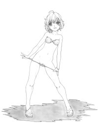 Rule 34 | 1girl, :d, ahoge, anklet, bandaid, bandaid on pussy, bare shoulders, bikini, bikini pull, bracelet, breasts, clothes pull, collarbone, flip-flops, full body, graphite (medium), greyscale, harumachi nagaaki, jewelry, legs, monochrome, navel, open mouth, original, sandals, short hair, simple background, small breasts, smile, solo, standing, swimsuit, traditional media, undressing, white background