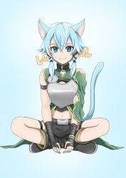 Rule 34 | 1girl, animal ears, armor, asymmetrical sleeves, black footwear, black ribbon, black shorts, blue eyes, blue hair, boots, breastplate, cat ears, cat tail, closed mouth, collar, full body, hair between eyes, hair ribbon, indian style, looking at viewer, midriff, navel, ribbon, short hair with long locks, short shorts, shorts, sidelocks, single sleeve, sinon (sao-alo), sitting, smile, solo, stomach, sword art online, tail, thigh strap, uneven sleeves, white background, yuki (angieee)