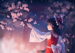 Rule 34 | 1girl, bow, branch, broom, brown eyes, brown hair, cherry blossoms, closed mouth, detached sleeves, dress, frilled hair tubes, frills, hair bow, hair ribbon, hair tubes, hakurei reimu, hand up, highres, holding, holding broom, looking at object, nontraditional miko, ribbon, satellitedragon, sleeveless, sleeveless dress, touhou