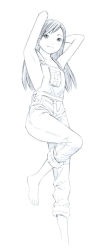 Rule 34 | 1girl, barefoot, long hair, monochrome, naked overalls, original, overalls, sketch, solo, traditional media, yoshitomi akihito