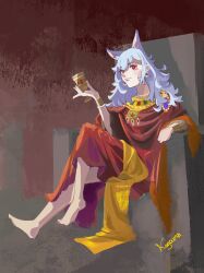 Rule 34 | 1girl, animal ears, artist name, barefoot, bracer, brown background, byzantine empire, chalice, christianity, commentary, crusader kings, cup, earrings, english commentary, extra ears, eyeliner, eyeshadow, fox ears, fox girl, grey hair, highres, holding, holding cup, jewelry, koguma satoshi, long hair, looking at viewer, makeup, necklace, nijisanji, nijisanji en, nina kosaka, pearl necklace, red eyeliner, red eyes, red eyeshadow, red robe, robe, short eyebrows, signature, sitting, sketch, smile, solo, throne, virtual youtuber, yellow robe