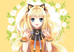 Rule 34 | 1girl, :d, animal ears, blonde hair, blue eyes, cat ears, curly hair, daisy, floral background, flower, happy, looking at viewer, mca (dessert candy), open mouth, orange background, ribbon, seeu, smile, solo, upper body, vocaloid, wrist cuffs