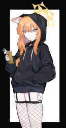 Rule 34 | 1girl, absurdres, animal ears, black hoodie, black thighhighs, blue archive, blue eyes, cellphone, fishnet thighhighs, fishnets, garter straps, hair between eyes, halo, hand in pocket, highres, holding, holding phone, hood, hood up, hoodie, long hair, long sleeves, looking at viewer, maqin, mari (blue archive), mask, mask pull, mouth mask, orange hair, phone, rabbit hole (vocaloid), simple background, smartphone, solo, thighhighs, white mask