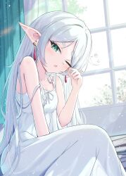 Rule 34 | 1girl, book, book stack, breasts, curtains, day, elf, frieren, green eyes, highres, long hair, looking at viewer, mikaze oto, nightgown, one eye closed, pointy ears, sitting, sleeping, sleeveless, small breasts, sousou no frieren, strap slip, thick eyebrows, white hair, white nightgown, window