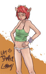 Rule 34 | 1girl, :p, animal ears, bare shoulders, blush, bracelet, breasts, camisole, copyright name, covered erect nipples, crop top, groin, half-closed eyes, hands on own hips, horns, jewelry, lammy (um jammer lammy), looking to the side, lowleg, lowleg panties, nail polish, navel, no pants, nose blush, orange eyes, panties, parappa the rapper, piercing, red hair, red panties, ring, short hair, skull, small breasts, solo, standing, strap gap, striped clothes, striped panties, tongue, tongue out, tongue piercing, um jammer lammy, underwear, white panties, yellow eyes