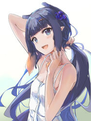 Rule 34 | 1girl, arm up, bare arms, bare shoulders, blue eyes, blunt bangs, commentary, dress, flat chest, flower, gradient hair, hair flower, hair ornament, hairclip, highres, hololive, hololive english, long hair, mole, mole under eye, multicolored hair, ninomae ina&#039;nis, orange hair, pointy ears, purple hair, sidelocks, solo, tallgeese (lgeesel), tentacle hair, tying hair, very long hair, virtual youtuber, white background, white dress